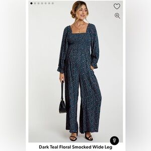 Smocked Wide-Leg Jumpsuit in Dark Teal Floral